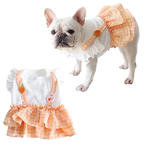 Moorfowl Französische Bulldogge Tutu Kleid mit niedlichen Karotten-Kaninchen-Mustern Hund Mädchen Plaid Strapsröcke für Hund Sommerkleidung für Mops Corgi Party Kleid Mode Outfits von Moorfowl