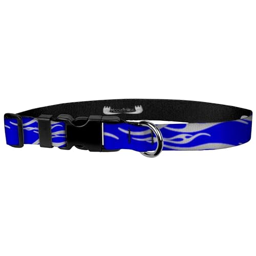 Hundehalsband mit Flammendruck, wasserdicht, Hot Rod, Flammendruck, 2,5 cm, verstellbar 33-53,3 cm, groß, blau/Silber von Moose Pet Wear