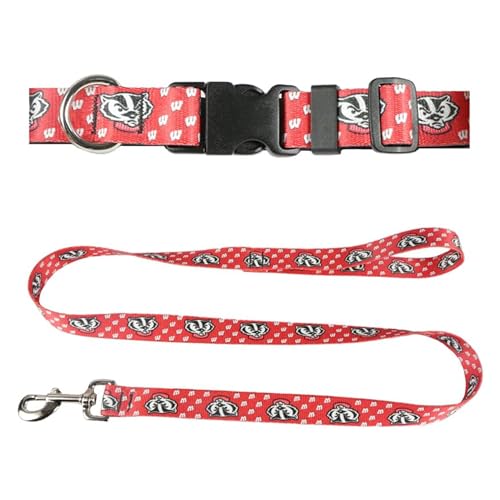 Moose Pet Wear University of Wisconsin Hundehalsband und Leine, passendes Hundehalsband und 1,8 m Lange Hundeleine, 1" Medium Collar - 1" X6' Leash, Rot mit Dachs von Moose Pet Wear