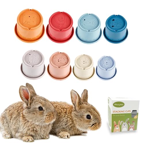 Mooydee 8 Stück stapelbare Becher für Kaninchen – mehrfarbiges, wiederverwendbares Hasenspielzeug mit niedlichem Tier-Design – abgestufte Größe stapelbares Spielzeug – sicheres Weizenstroh-Nistspielzeug für Kaninchen, um beschäftigt zu bleiben von Mooydee