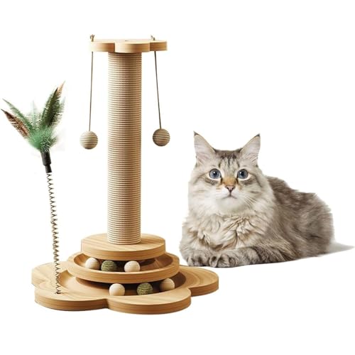 Interaktiver Katzenspielturm mit Kratzstamm, Holzplattformen, Spielbällen und Hängespielzeug, Naturholz, Kratzbaum aus Sisal, Kletterbaum mit 2xBällen 44cm von Mooyii