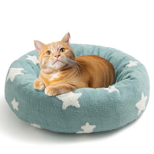Mora Pets Donut kleines Hundebett, rundes Katzenbett für Hauskatzen mit waschbarem, abnehmbarem Bezug, beruhigend, flauschig, rund, Haustierbett, Anti-Angst, für Welpen, Hunde, Kätzchen, Katzen, Blau von Mora Pets