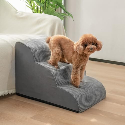 Mora Pets Hundetreppe für Kleine Hunde Haustiertreppe für Bett und Sofa Hunde Treppe rutschfeste Plüsch-Bezug waschbar Katzentreppe Hunderampe aus Schwamm 3 Stufen (40 cm hoch, Grau) von Mora Pets