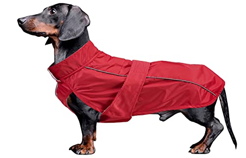 MOREZI Dachshund Regenmantel, wasserdichte Außenschicht, Fleecefutter, reflektierende Besätze, Verstellbarer Gürtel - geeignet für kleine und mittelgroße Hunde-Rot-M von Morezi