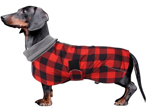 MOREZI Hundejacke ist eine wasserdichte, mit Fleece gefütterte Hundewinterjacke mit verstellbarem Gürtel und Reflexbesatz, geeignet für Dackel und ähnliche Rassen-Kariert Rot-XS von Morezi