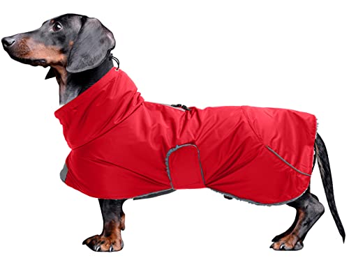MOREZI Hundejacke ist eine wasserdichte, mit Fleece gefütterte Hundewinterjacke mit verstellbarem Gürtel und Reflexbesatz, geeignet für Dackel und ähnliche Rassen-Rot-XL von Morezi