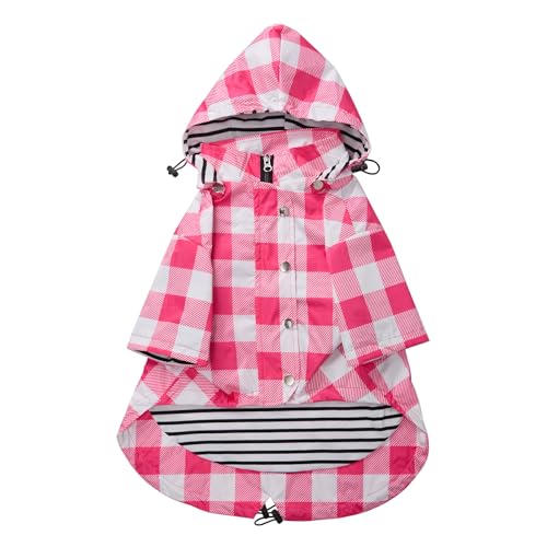 MOREZI Hunderegenmantel, mit Reißverschluss und reflektierenden Knöpfen, Regen-/wasserdicht, Verstellbarer Schultergurt, abnehmbare Kapuze, hält den Hund sauber und ordentlich-Kariert Rosa-XL von Morezi
