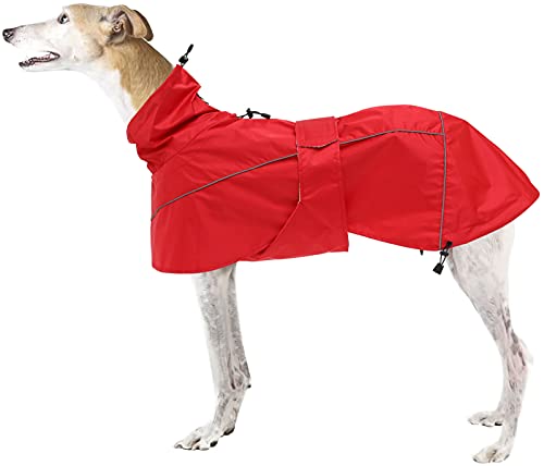 MOREZI Windhund-Regenmantel, regenfest/wasserdicht, hoher Bund mit verstellbarem Kordelzug und Hüftgurt, geeignet für Windhunde und ähnliche mittlere und große Jagdhunde-Rot-XS von Morezi