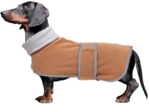 MOREZI Winterhundejacke mit wattiertem Flusenfutter, verstellbarem Klettknopf und hochklappbarem Stehkragen. Sehr gut geeignet für Dackel und kleine und mittelgroße Jagdhunde-Braun-L von Morezi