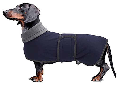 MOREZI Winterhundejacke mit wattiertem Flusenfutter, verstellbarem Klettknopf und hochklappbarem Stehkragen. Sehr gut geeignet für Dackel und kleine und mittelgroße Jagdhunde-Navy-M von Morezi