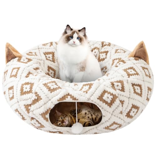 Morikey Katzentunnel mit Katzenbett für Indoor-Katzen, 3 in 1 Katzen-Donut-Tunnel, niedliches Katzenbett mit Kissen Guckloch und Katzenohr für Katzen, Kätzchen, Kaninchen, neues Jacquard-Muster, Braun Morikey Katzentunnel mit Katzenbett für Indoor-Katzen, 3 in 1 Katzen-Donut-Tunnel, niedliches Katzenbett mit Kissen Guckloch und Katzenohr für Katzen, Kätzchen, Kaninchen, neues Jacquard-Muster, Braun von Morikey