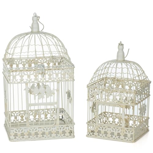 2er Set Vogelkäfig Deko aus Metall altweiß H 55/47 cm Vintage Look mit Vogel-Verzierung zum Hängen oder Stellen Dekokäfig Landhausstil Antik Shabby Nostalgie von Moritz