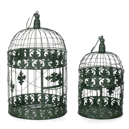 2er Set Vogelkäfige aus Metall altgrün Vintage Shabby Chic Hängedeko Ø25cm & Ø19cm Nostalgie Dekokäfige mit Ornamenten Landhausstil Deko Käfig Antik Look von Moritz