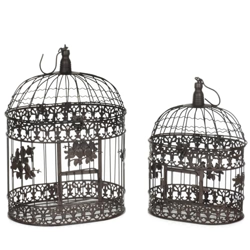 Dekorativer Vogelkäfig 2er-Set aus Metall in Altbraun - Shabby Vintage Design mit Blumenranken, ca. 50/43 cm hoch - Hängedeko Landhausstil für Garten und Innenbereich von Moritz