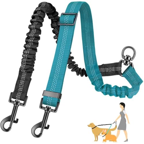 Haustier-Leine, automatisch einziehbar, EIN-Schlepp-Zwei-Hunde-Leine für Zwei Hunde (Schwarz + Seeblau) von Mounteps