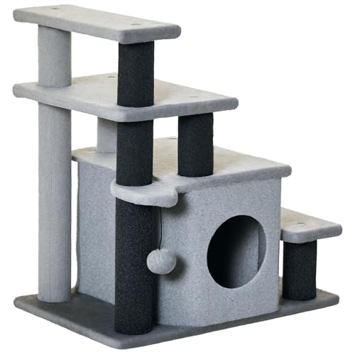 Hundetreppe 3/4 Stufen 66 cm Hoch Haustiertreppe mit Schlafhöhle, Rampe, Sipielball, Katzentreppe für mittelgroße Katze Hunderampe Einstiegshilfe für Bett, Sofa, Couch, Grau von Mounteps