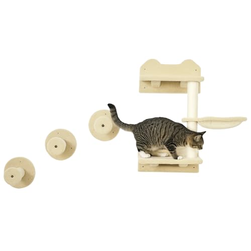 Katzen Kletterwand, 4-teilig, Katzenkletterwand, inkl. 1 x Sprungturm, 3 x Kratzbäume, Kletterwand Set, Kratzbaum mit Hängematte, Wandliege Katzen, Katzentreppe, Sisal, Beige+Cremeweiß von Mounteps