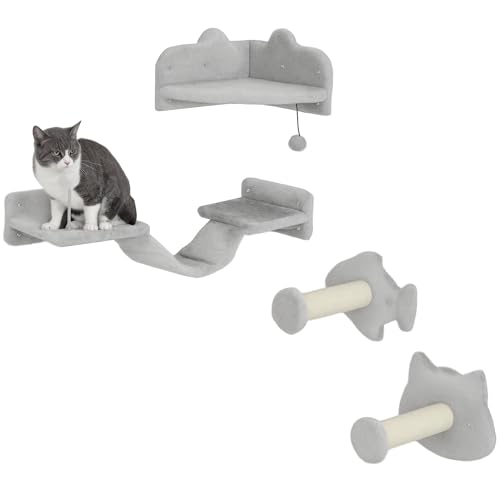 Katzen Kletterwand Set, 4-teilig Katzenmöbel mit Stufen, Leiter, Sprungtürmen, Kratzbäumen, Spielball, Sisal, für Katzen bis 5 kg, Hellgrau von Mounteps
