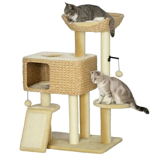Katzen Kratzbaum 98 cm Katzenbaum mit 2 Leigefläche, Kratzsäulen, Kletterbaum Spielball, Katzenmöbel mit Katzenhöhle für Katzen bis 6 kg, Sisal, Wasserhyazinthe, Beige von Mounteps