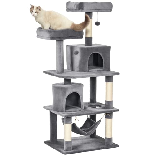 Katzen Kratzbaum groß 145 cm, Katzenbaum mit Hängematte, Kletterbaum für Katzen, Katzenkratzbaum Höhle Katzenmöbel mit Sisalstämmen, Hellgrau von Mounteps