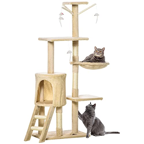 Katzenbaum 134,2 cm Hoch Kratzbaum Katzenkratzbaum Kletterbaum Katze Treppe 4 Spielzeug Beige+Weiß von Mounteps