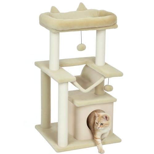Katzenbaum 90 cm Kratzbaum mit Hängematte Spielbaum Katzenhöhle Plattformen Kletterbaum Katzenkratzbaum Aktivitätskratzbäum Plüsch Sisal Creme von Mounteps