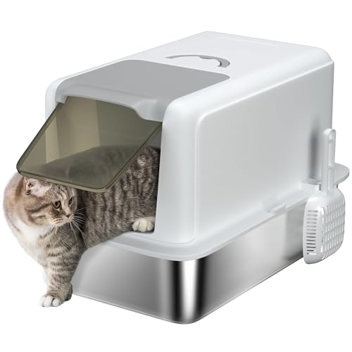 Katzenklo Edelstahl mit Deckel, Katzentoilette mit Wanne, eingebauter Streufilter, inklusive Streuschaufel, für große Katzen von Mounteps