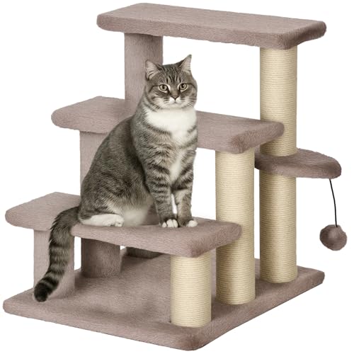 Katzentreppe 3-stufige Haustiertreppe mit Kratzsäulen Ball Hundetreppe Tiertreppe für Katzen bis 5 kg Plüsch Jute Braun 45 x 40 x 48 cm von Mounteps