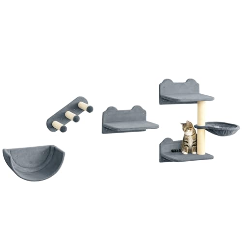 Kletterwand Katzen 4-teilig Katzen Kletterwand Set mit Kaztentreppe, Katzenbrücke, Hängematte, Kratzbaum mit Sprungplatt, Wandkratzbaum, Wand Katzenmöbel bis zu 5 kg, Grau von Mounteps