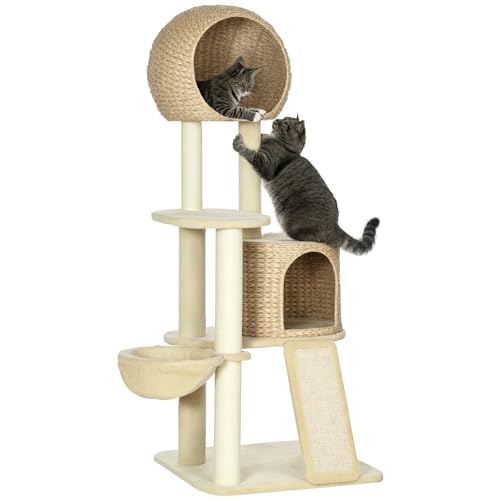 Kratzbaum, 150 cm, Katzenbaum mit Katzenhaus, Kletterbaum mit Hängematte, Sisalsäule und Rampe, Katzenkratzbaum, Spielbaum mit Kippschutz, Plüsch, Beige von Mounteps