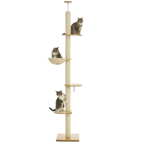 Kratzbaum, Katzenkratzbaum Deckenhoch, 230-250 cm, Kletterbaum mit Hängematte, Katzenbaum Höhenverstellbar, Spielbaum mit Kippschutz, Plüsch, Eiche+Cremeweiß von Mounteps