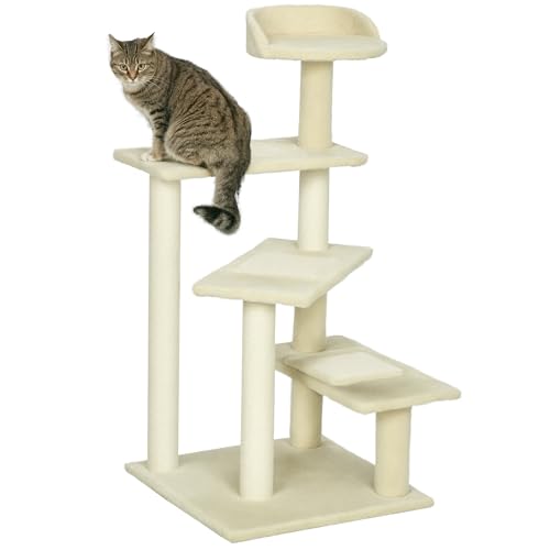 Kratzbaum 100 cm Katzenturm mit Sisalstämme, große Plattform, mehrstöckiger Katzenkratzbaum, Kletterbaum, für kleine & mittelgroße Katzen, Beige von Mounteps