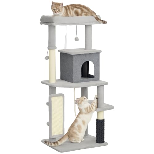 Kratzbaum 132 cm Katzenbaum mit Katzenhöhle, Spielball, Katzenkratzbaum mit Sisal-Kratzsäulen, für Katzen bis 6 kg, Hellgrau von Mounteps
