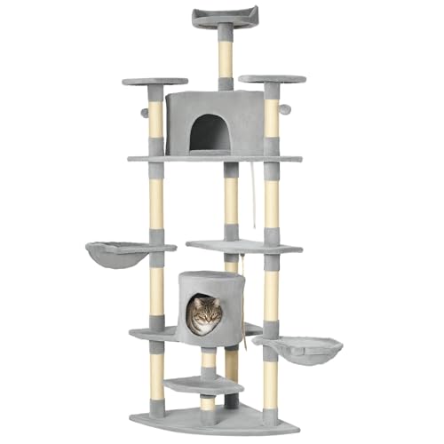 Kratzbaum 200 cm Katzenturm mit Höhle, 2 Spielball, Sisalstämme, Plattform, Hängenmatte, mehrstöckiger Katzenkratzbaum, Kletterbaum, für große Katzen, Hellgrau(Hellgrau) von Mounteps