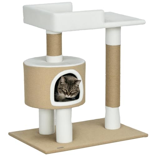 Kratzbaum 79 cm Kleiner Katzenbaum mit Katzenhöhle, Katzenkratzbaum mit Liegefläche, Jute-Kletterbaum für Katzen bis zu 8 kg, Katzenmöbel, Braun, Weiß, Kaschmir-Imitat von Mounteps