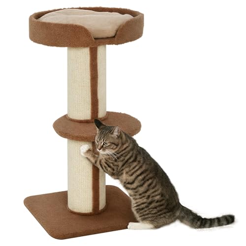Kratzbaum 91 cm Katzenturm mit Sisalstämme, Plattform, Kissen mehrstöckiger Katzenkratzbaum, Kletterbaum, für mittelgroße Katzen, Hellbraun von Mounteps