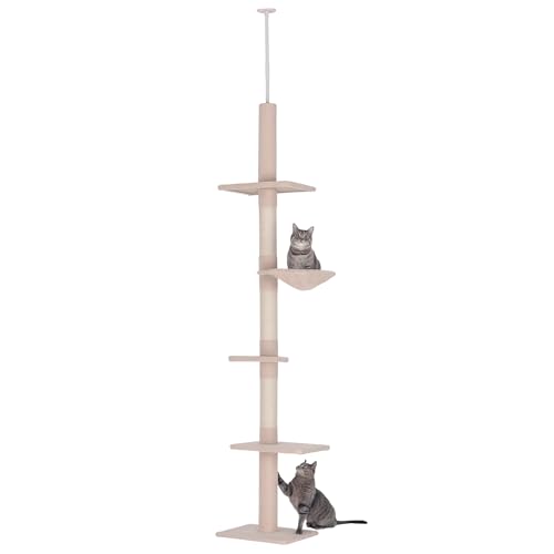 Kratzbaum Deckenhoch höhenverstellbar, Stabiler Katzenbaum mit Sisalsäulen, Katzen Kletterbaum, Beige, 40 x 34 x 230-260 cm von Mounteps