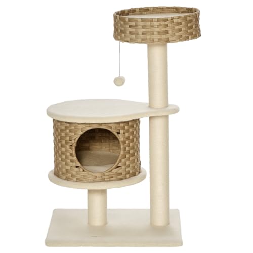 Kratzbaum Rattan 95 cm Höhe 3-Stufiger Katzenbaum mit Platform, Katzenbett, Kletterbaum mit Katzenhöhle Sisalstämmen Spielbälle Katzenmöbel Sisal Natur+Beige von Mounteps