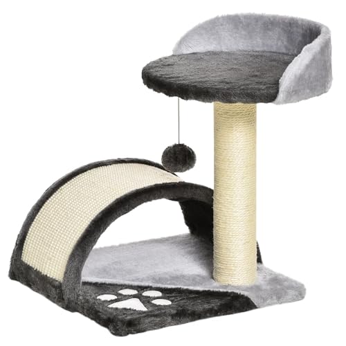 Kratzbaum klein 46 cm, Katzenbaum mit Spielbällen, Kratzplatte, Sisal-Seil, Plüsch, Katzenkratzbaum mit erhöhter Plattform, Höhle, für Katzen, Dunkelgrau von Mounteps