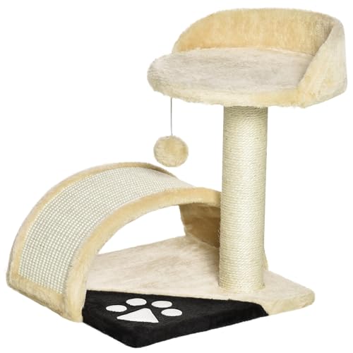 Kratzbaum mit Spielbällen, Katzenkratzbaum, Sisalseil-Kratzstangen, Beige, 36 x 36 x 44 cm von Mounteps