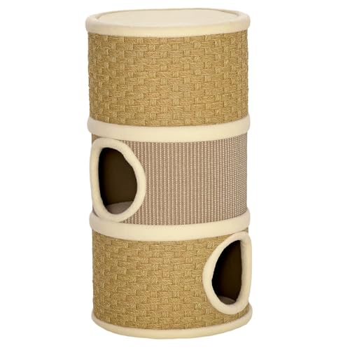 Kratztonne 70 cm Hoch Ø 37,5 cm dreistöckige Katzentonne mit Sisalseil, Katzenhöhle, Kratzbaum für kleine Katzen, Khaki+Kaffee von Mounteps