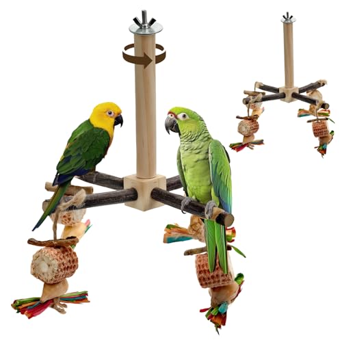 Mounting UP Papageien-Sitzstange, 360° drehbar, mit Kauspielzeug, Sitzstange aus natürlichem Holz, Vogelkäfig-Zubehör mit Laufrad, für kleine und mittelgroße Vögel wie Papageienfinken, Muscicapidae von Mounting UP