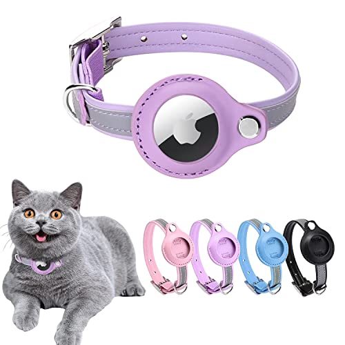 MouyouGlow Airtag-Katzenhalsband, Leder, Katzenhalsband mit AirTag-Halter, kompatibel mit Apple Airtag, reflektierendes Halsband für Kätzchen, Welpen (S), Lila von MouyouGlow