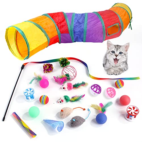 Moxeupon Katzenspielzeugpakete für Hauskatzen - Variety Catnip Toys mit Rainbow Tunnel | Buntes Katzenfeder-Teaser-Zauberstab Interaktives Federspielzeug-Set von Moxeupon