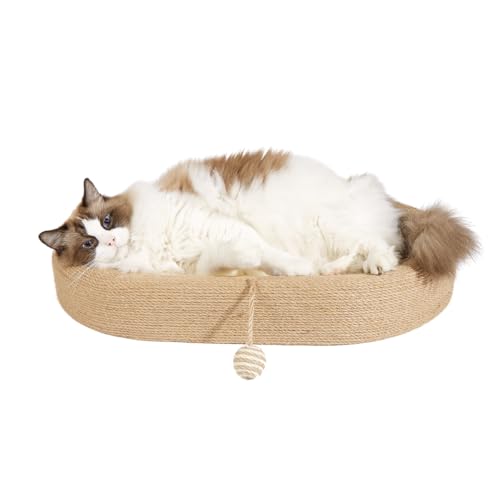 Moyeelan Sisal Katzenkratzer mit baumelndem Ball, 3-in-1 ovale Katzenkratzbettunterlage für Indoor-Katzen, große und langlebige Katzenkratz-Lounge, Anti-Rutsch und langlebig Katzenkratz-Lounge-Bett von Moyeelan