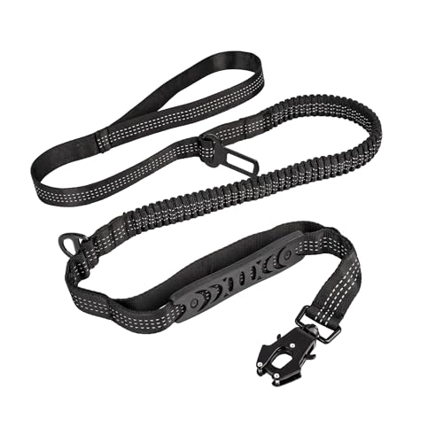 Reflektierende taktische Hundeleine mit bequemen, 2 gepolsterten Griffen, Bungee-Hundeleine mit Auto-Sicherheitsgurtschnalle mit Metall-Karabiner, Schwarz, (L) von Moysoon