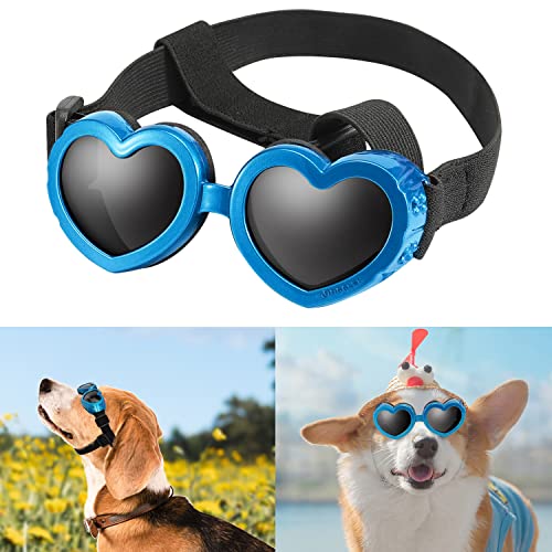 Sonnenbrille für Hunde UV Schutzbrille Hundebrille Winddicht Verstellbare Herzform Hundebrille Antibeschlagbrille & Wasserdichter für Kleine Hunde (Blau) von Moyubath