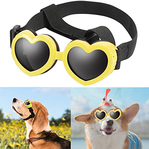 Sonnenbrille für Hunde UV Schutzbrille Hundebrille Winddicht Verstellbare Herzform Hundebrille Antibeschlagbrille & Wasserdichter für Kleine Hunde (Gelb) von Moyubath