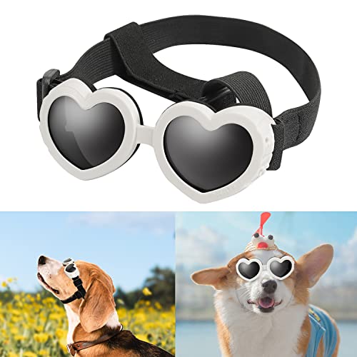 Sonnenbrille für Hunde UV Schutzbrille Hundebrille Winddicht Verstellbare Herzform Hundebrille Antibeschlagbrille & Wasserdichter für Kleine Hunde (Weiß) von Moyubath