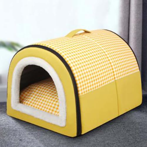Hundebett für den Innenbereich, 2-in-1, faltbar, Katzen-Iglu-Betten mit Anti-Angst-abnehmbarem Kissen, Welpen, beruhigende Hundehütte, wasserdicht, warme Katzenhöhle (60 x 43 x 40 cm, Gelb) von Mozzeilee